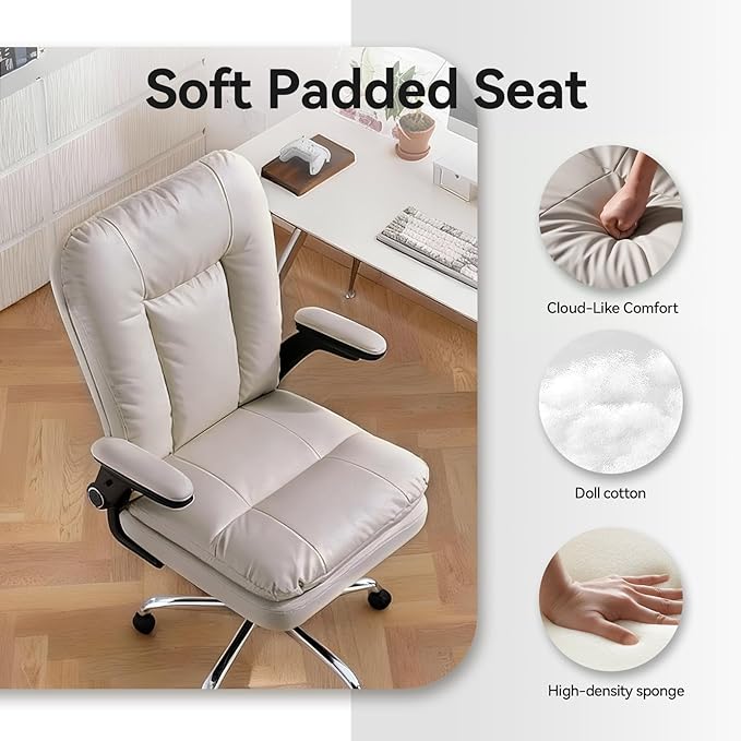 LEAGOO Ergonomic Executive Office Chair Mid Back Comfy Desk Chairs with 3D Padded Flip-up Arms Faux Leather Computer Rolling Chair with Wheels for Home Adjustable Height 300lbs Beige