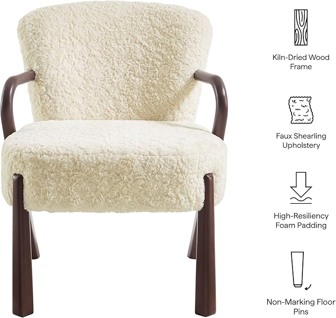 Modway Arden Faux Shearling Upholstered Accent Armchair in Ecru – Mid-Century Modern Fuzzy Lounge Chair with Curved Wood Frame