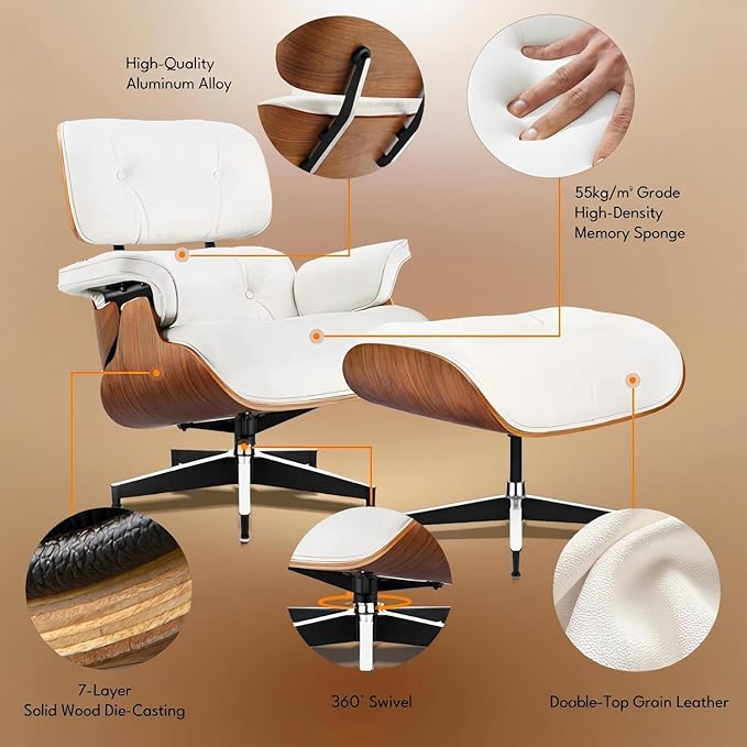 Mid Century Chaise Lounge Chair and Ottoman Reading Chair Leather Accent Chair Modern Chair Classic Design Heavy Duty Base Support for Living Room (Walnut-White Upgraded)