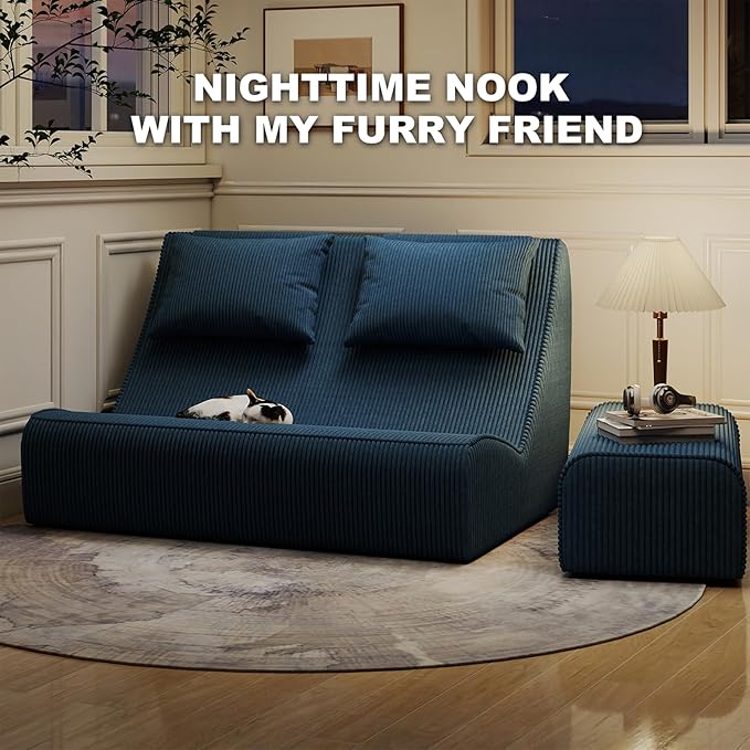Giant Bean Bag Chair for Adults - Indoor Chaise Lounge with Pillows &amp Ottomans Upholstered Loveseat Floor Sofa Chair for Reading Gaming Napping and Movies (Royal Blue)