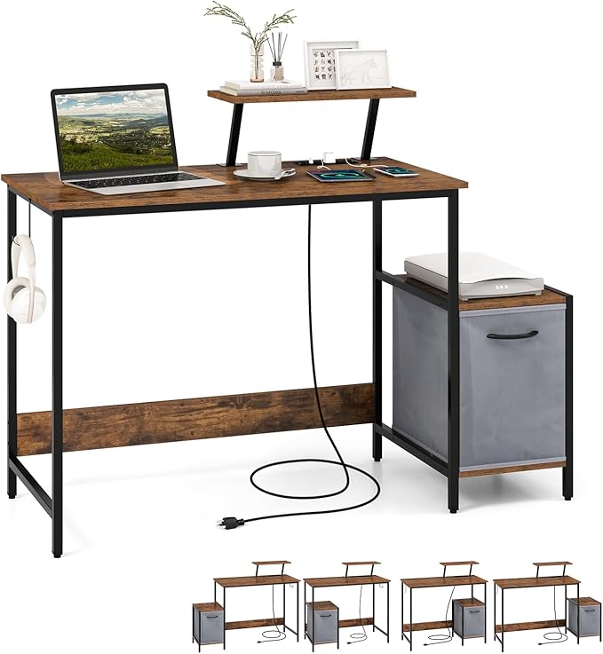 Tangkula Computer Desk with Charging Station Home Office Desk with Reversible Fabric Drawer Headphone Hook &amp Elevated Shelf Study Writing Table Industrial PC Workstation for Home