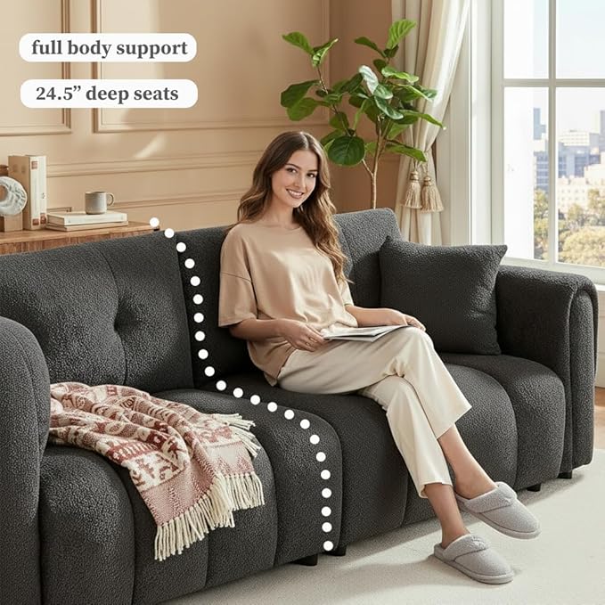 91.5 W Cloud Boucle Sofa for Living Room Modern Comfy Boucle Couch with Rolled Arms and Soft Pillows Teddy Oversized Loveseat for Apartment Studio Bedroom Dark Grey