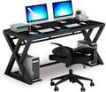 IPKIG Glass Computer Desk and Chair Set Foldable Office Chair and Glass Top Computer Desk with Carbon Steel Frame Home Office Desks Computer Table Study Writing Desk Workstation for Living Room