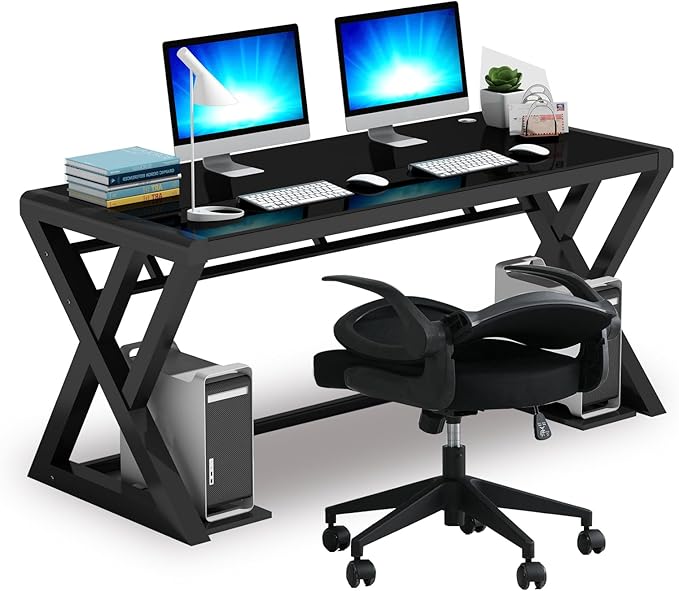 IPKIG Glass Computer Desk and Chair Set Foldable Office Chair and Glass Top Computer Desk with Carbon Steel Frame Home Office Desks Computer Table Study Writing Desk Workstation for Living Room