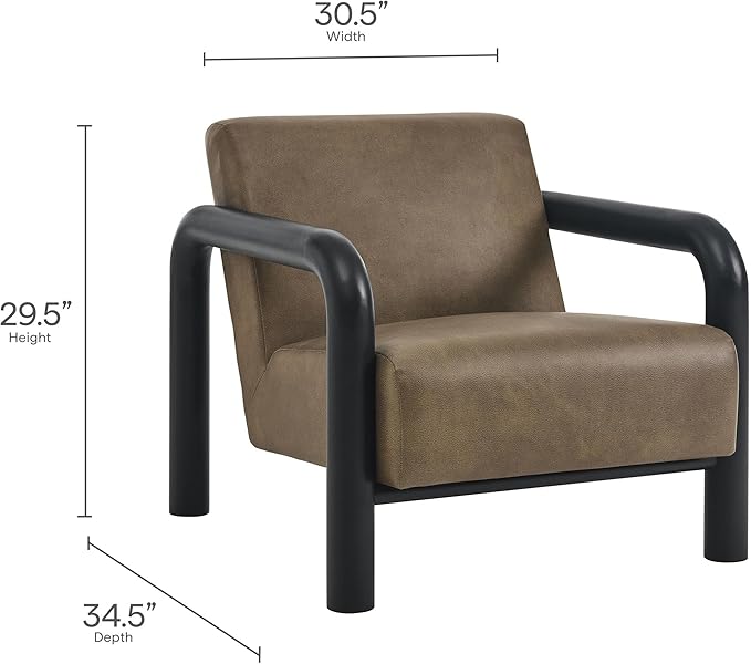 Modway Sereno Modern Vegan Leather Accent Chair in Mushroom Black with Rounded Wood Armrests – Faux Leather Lounge Chair for Living Room or Bedroom