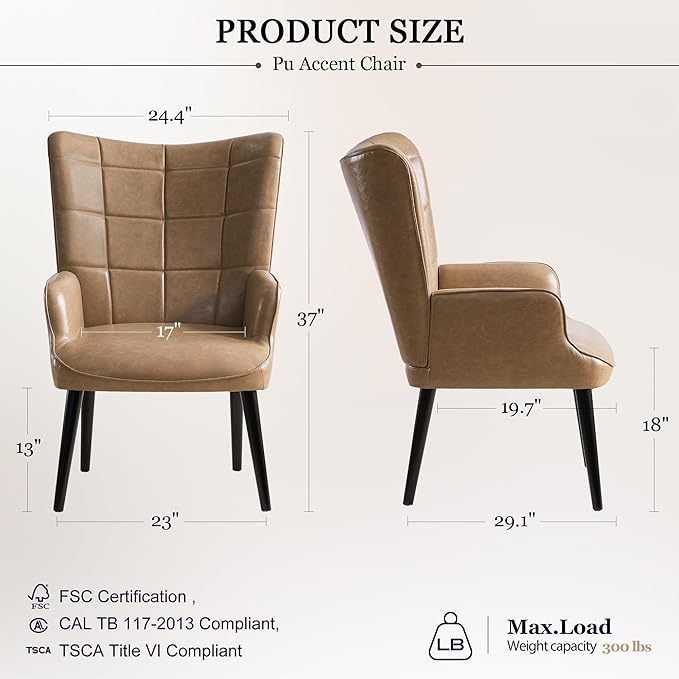 PU Leather Accent Chair Upholstered Living Room Chair with Soild Wood Leg Reading Armchair for Living Room Bedroom Home Office Amber JF635 HL593