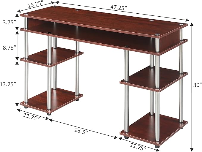 Convenience Concepts Designs2Go No Tools Desk Home Office Desk with Shelves Corner Shelf Vanity Desk Computer Desk Nail Table for Nail Tech - 47.25 L x 15.75 W x 30 H Cherry