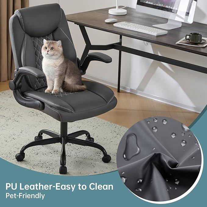 YFO Leather Office Chair Ergonomic Home Office Desk Chair Back Support Swivel Executive Office Chair with Wheels and Flip-Up Armrests Small Gaming Chair with Adjustable Rocking Function Grey