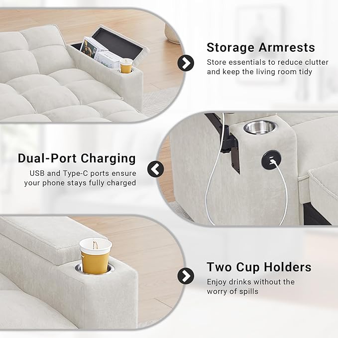3 in 1 Sofa Bed 65 Inches Convertible Loveseat Sleeper with Side Table Pull Out Couch with 3 Level Adjustable Backrest Chaise Lounge with USB and Type-C Ports for Living Room White