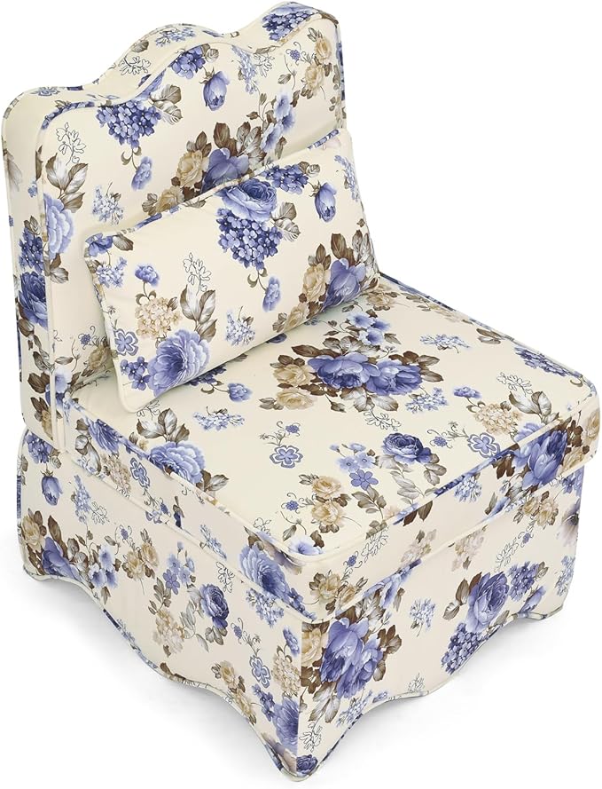 Polibi Retro Single Chair with Flower Pattern and Wave-Shape Edge Flannel Upholstered Armless Sofa Chair with Seat Cushion and Pillow for Living Room Bedroom Blue Flower