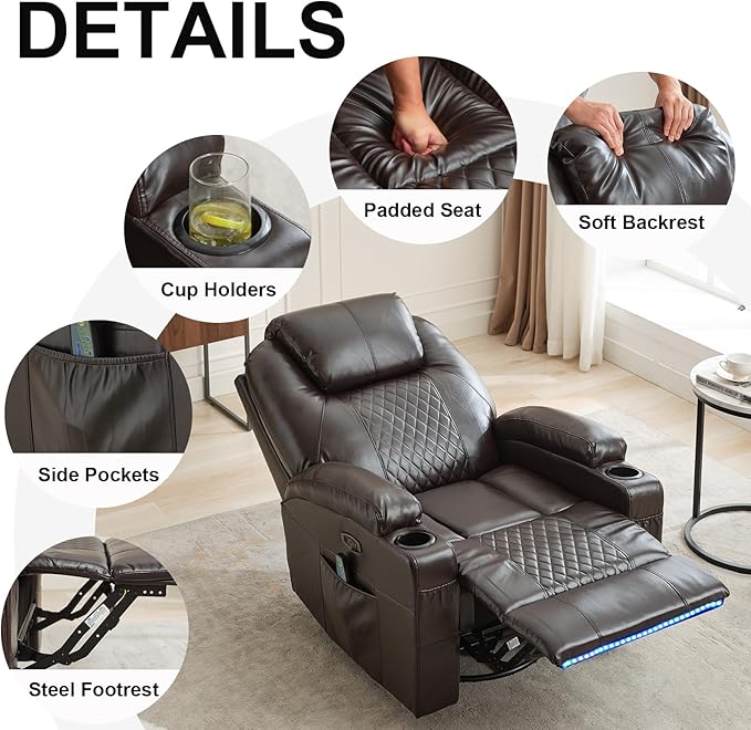 Power Swivel Rocker Recliner Chair for Adults with Heat and Massage LED Lights USB-A and USB-C Ports Electric Glider Recliner Nursery Chair for Living Room (Brown Set of 2)