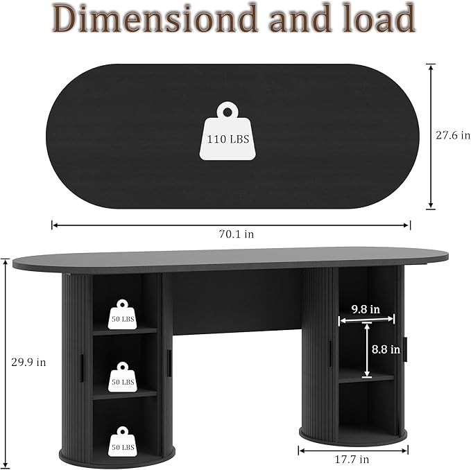 blini Executive Office Desk with Storage Fluted Wood Computer Desks with 2 Sliding Doors Mid Century Modern Oval Writing Table for Home Office Study Room Living Room