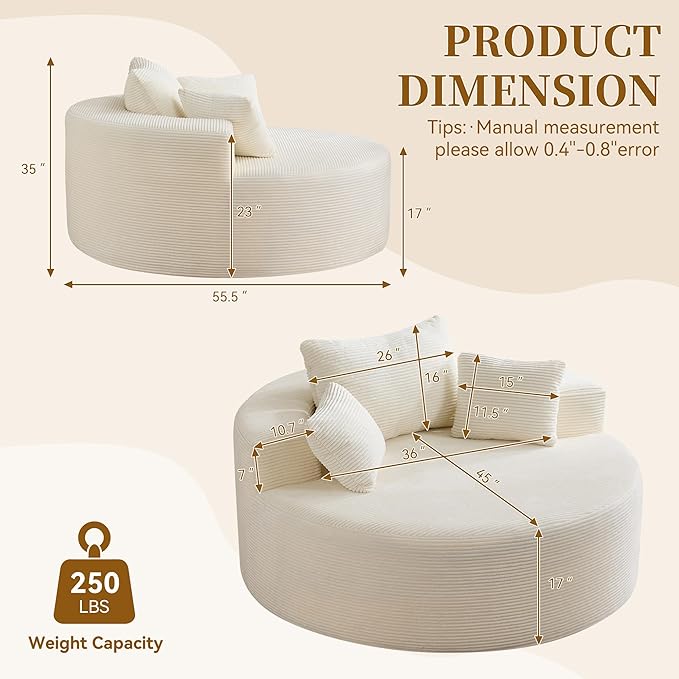 55''Oversized Round Boneless Chaise Lounge ChairCorduroy Modern Floor Sofa Deep Seat Compressed Circle Comfy Barrel Chair No Assembly Sleeper Cloud Sofa Couch Bed for Living Room BedroomBeige