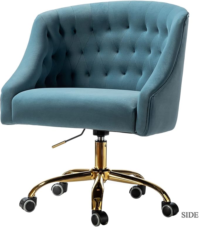 Velvet Home Office Chair with Gold Base Comfortable Modern Cute Desk Chair Height Adjustable Swivel Task Chair for Living Room Bedroom Vanity Study Blue