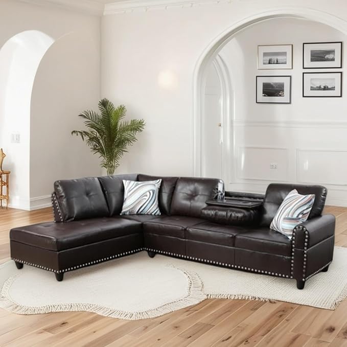 FONTOI L Shaped Sectional Couch Sofa 4-Seat Modern Sectional Sofa with Cup Holders &amp Nail-Head Trim – PU Leather L-Shaped Couch for Living Room Bedroom Apartment Brown A