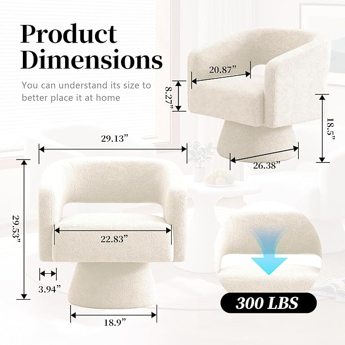 Accent Barrel Chair Set of 2 Modern Teddy Bear Velvet Club Chair 360° Swivel Degree Dressing Chair Suitable for Living Room Reading Room Bedrooms Office White