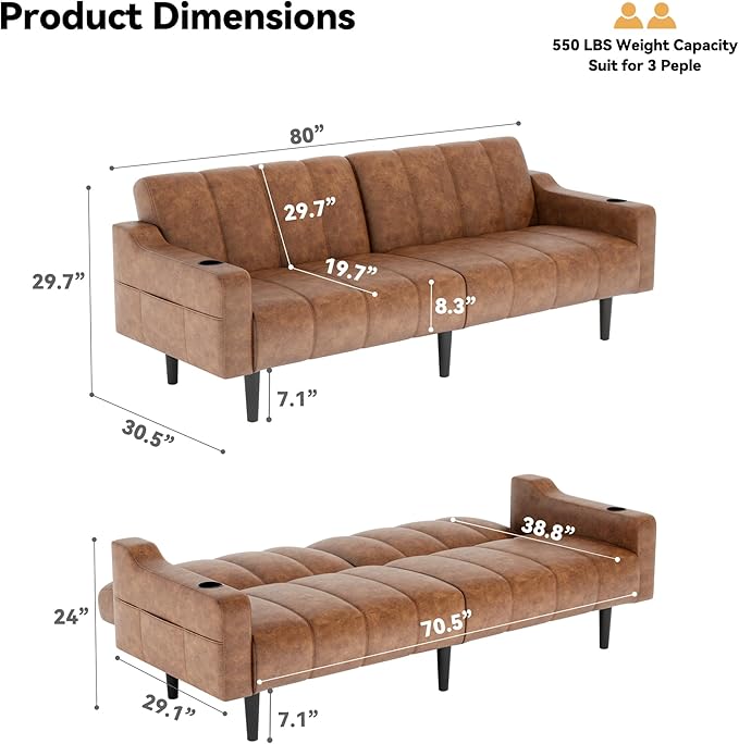 80'' Futon Sofa BedFaux Leather Futon Sleeper Sofa Convertible Loveseat with Adjustable Sofa BackrestModern Couches for Living Room Bedroom Apartment Office (Dark Brown)