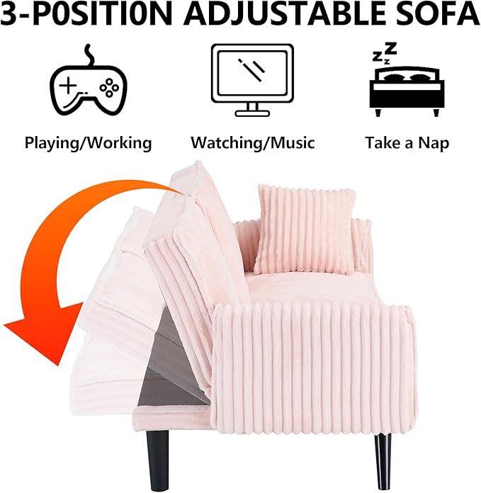 72” Corduroy Futon Sofa Bed with Pillows Modern Convertible Futon Couch with 2 Cup Holders&amp Metal Legs for Small Spaces Living Room Solid Wood Frame (Pink)