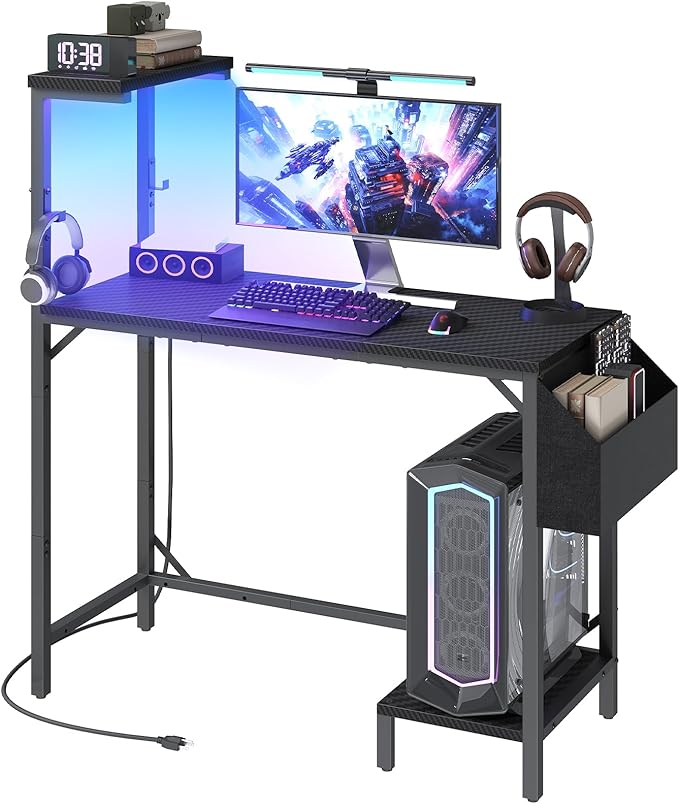 Gaming Desk Computer Desk with Charging Station and LED Light Small PC Desk with Side Storage Bag and Shelves 2 Hooks for Living Room Home Office Bedroom Black CDHS134E01