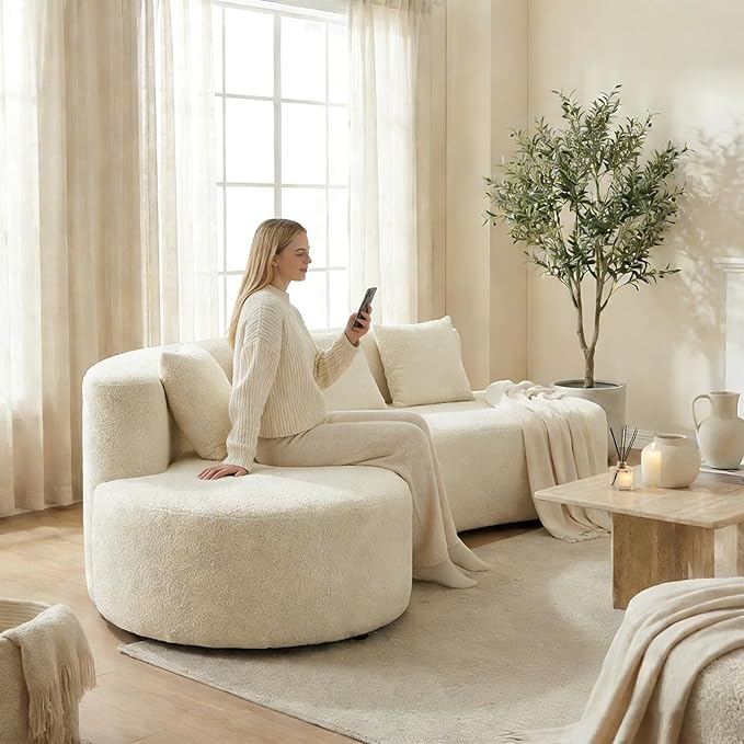 Modern Curved Sectional Sofa Couch 95 Beige - Cloud Fleece Upholstered 4-Seater Modular Boneless Couches for Living Room Office Apartment