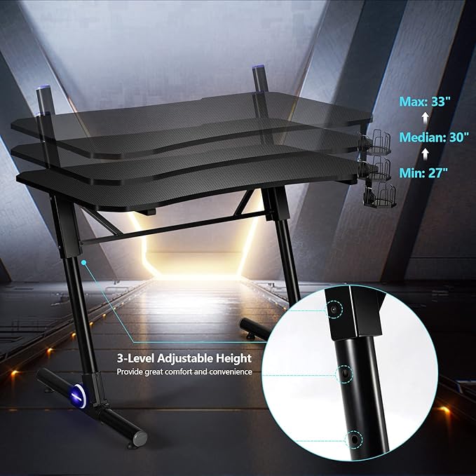 Tangkula Gaming Desk Height Adjustable Computer Desk w/Blue LED Lights Gaming Handle Rack &amp Cup Holder Z-Shaped Ergonomic Home Office Gamer Desk w/Carbon Fiber Texture (Black)