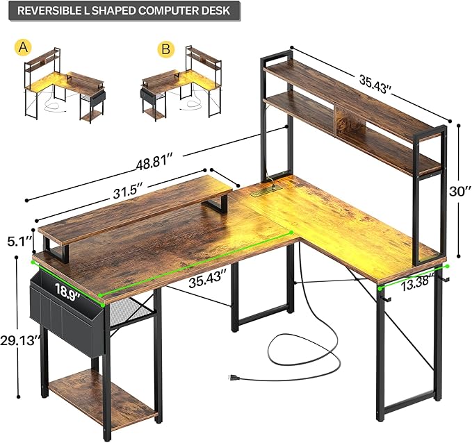 Aheaplus Small L Shaped Gaming Desk with LED Lights &amp Power Outlets Reversible L-Shaped Computer Desk with Monitor Stand &amp Storage Shelf Corner Desks Home Office Desk with Storage Bag Rusti