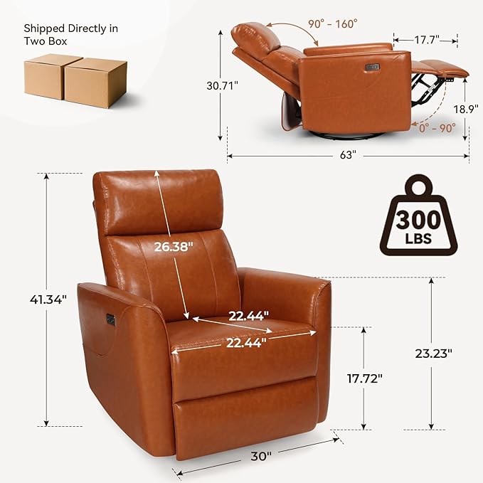 Himimi Power Recliner Chair Swivel Recliner Chair for Adults Faux Leather Single Sofa with Massage and Heat Small Space Side Pocket USB Charging Living Room Orange-Brown