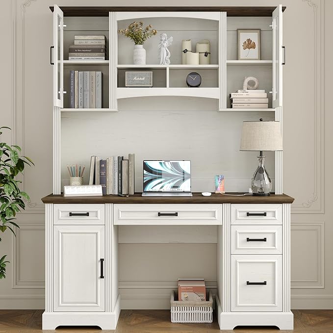 Furniouse Farmhouse 76 Height Executive Desk with Hutch Office Desk with Charging Station Drawers and Storage Cabinet Workstation for Office Home Brown Tabletop Off White