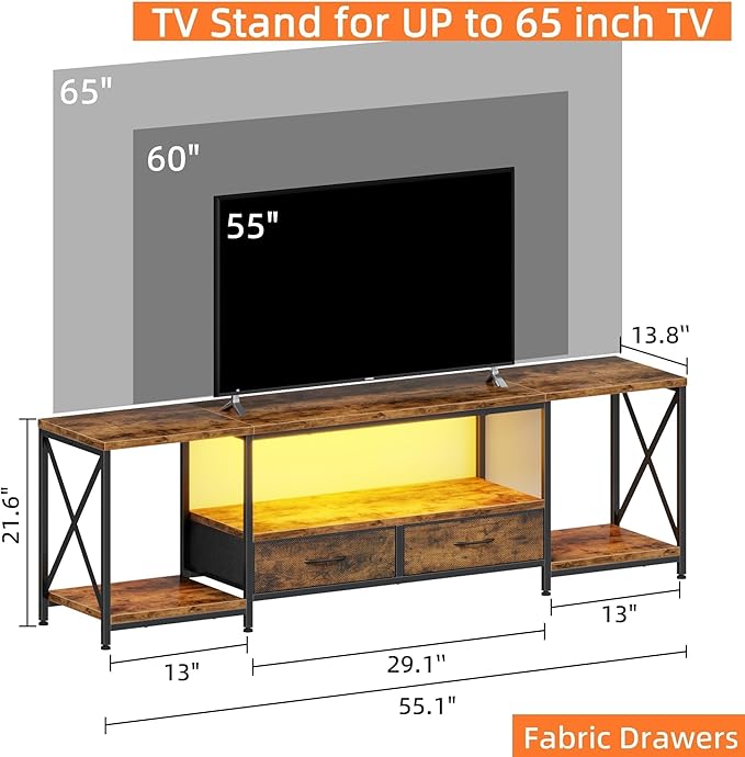 LED TV Stand with 2 Fabric Drawers for 65 60 55 Inch TV Entertainment Center TV Stands for Living Room Bedroom TV Media Console Table with Storage Shelves 55 Rustic Brown