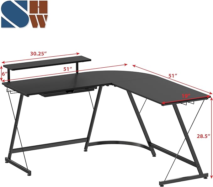 SHW 51 x 51 Inches Vista L-Shaped Desk with Monitor Stand and Drawer Black