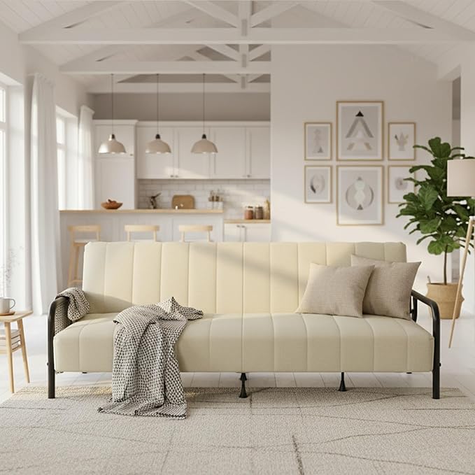 Homy Casa Convertible Sofa Bed with Metal Frame and Upholstered Cushion for Living Room Guest Room and Small Apartment (Beige)