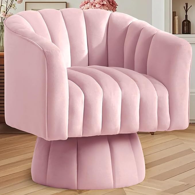 YSICK Swivel Accent Chair 360°Swivel Barrel Chair Modern Ottoman with Velvet Fabric Mid-Century Ottoman with Wide Upholstered Round Armchair for Living Room Lounge BedroomPink