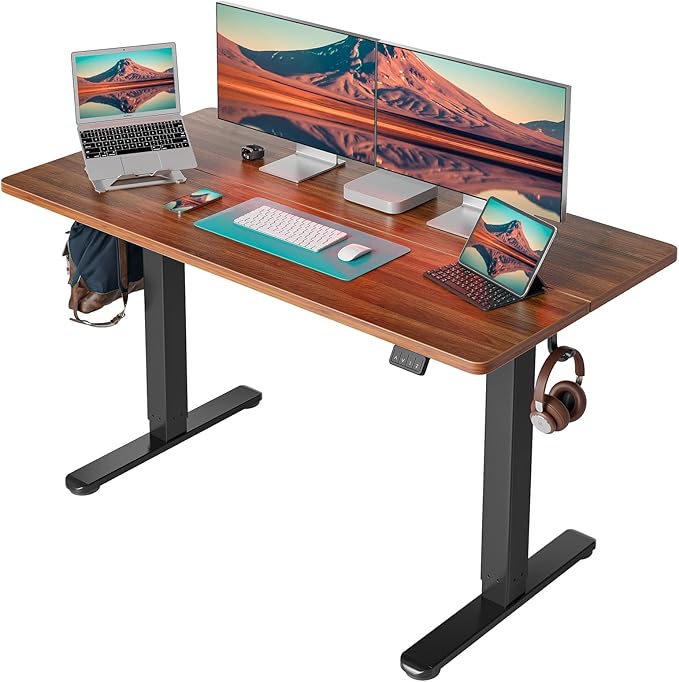 Cubiker Modern Black Walnut 55 x 24 Inch Electric Standing Desk 28-46.5 Inch Height Adjustable 2-Monitor Capacity Gaming