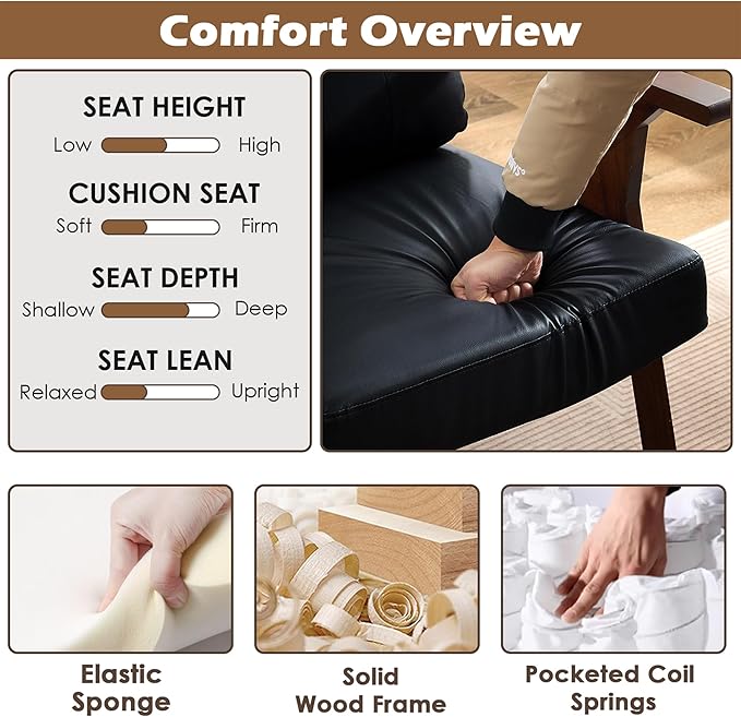 STHOUYN Black Leather Office Accent Chair with Wooden Arms Office Lounge Chair Mid Century Modern Chair Side Arm Chairs for Living Room Guest Waiting Room Chairs (1 Black)
