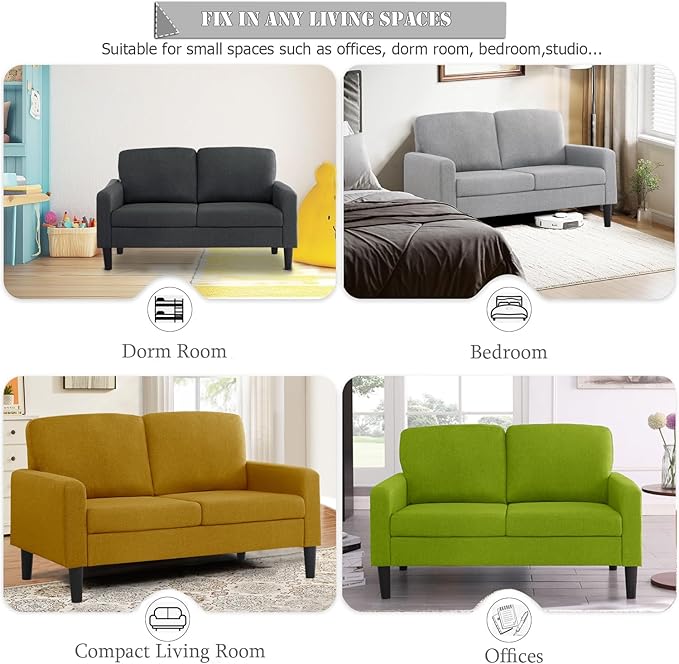 Flesser Loveseat Sofa 53 Small Couch Yellow Love Seat for Small Sapces Comfy Linen Fabric 2 Seater Couch for Bedroom Apartment Office All-Wood Couches Tool-Free