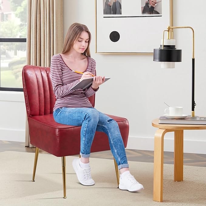 Modern PU Leather Accent Chair Upholstered Armless Wingback Side Chair with Golden Legs Comfy Single Sofa Cute Slipper Corner Chair for Living Room Bedroom Entryway Wine Red