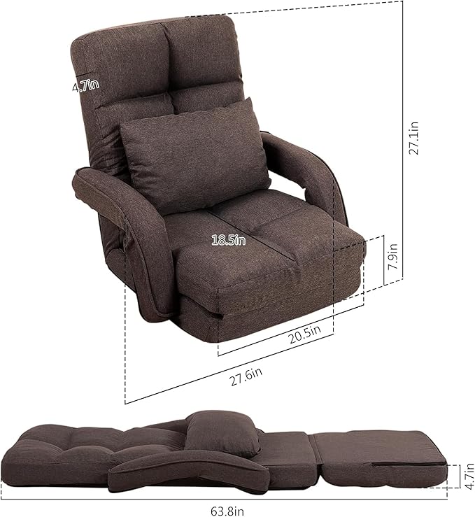 Indoor Floor Chair with Armrest and Pillow Folding Chaise Lounge Sofa 14-Position Adjustable Comfy Gaming Recliner Chair Padded Seats for Adults(Brown)