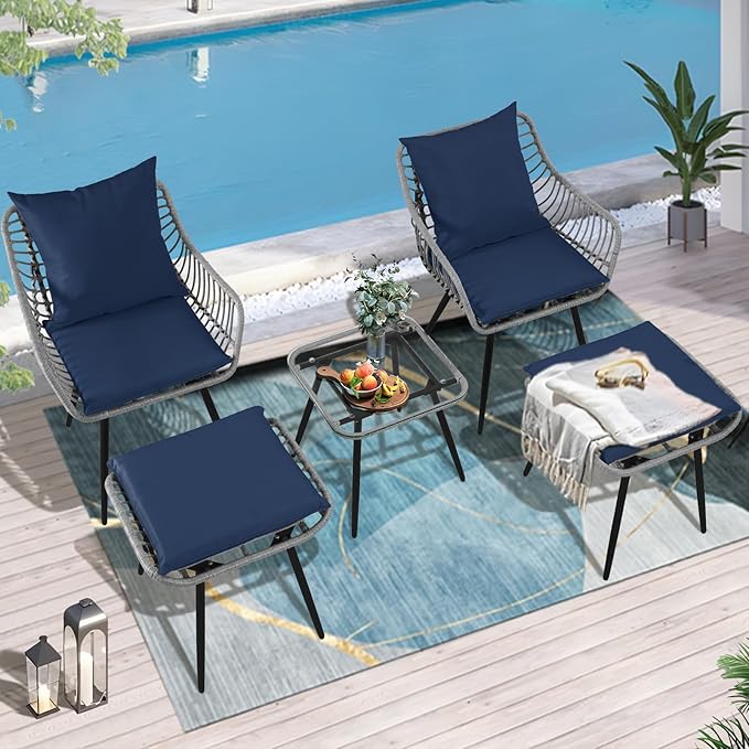 5 Piece Patio Furniture Set Outdoor Wicker Small Conversation Bistro Set All-Weather PE Rattan Chairs with Ottoman &amp Coffee Table Ideal for Balcony Porch Deck Yard Poolside (Grey/Blue)