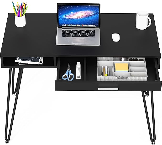SHW Home Office Computer Hairpin Leg Desk with Drawer Black