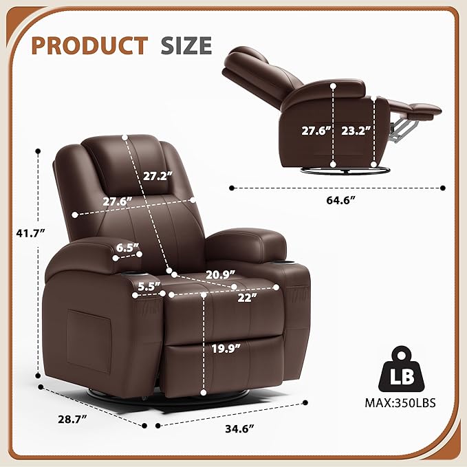 Flamaker Swivel Rocker Recliner Chair with Vibration Massage 360° Swivel Recliner Chairs for Adults Ergonomic Lounge Chair with Cup Holders Lazy Boy Recliner Single Sofa Seat (Leather Brown)