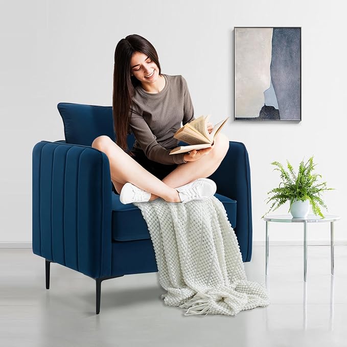 Velvet Accent Chair Mid Century Modern Single Arm Chair Comfy Living Room Reading Bedroom Lounge 6.3 Inch Upholstered Cushioned Black Metal Legs (Blue Sofa Chair Set of 2)