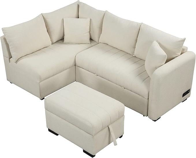LUMISOL 82.6 Convertible Sleeper Sofa Bed with Storage Ottoman L-Shaped Sectional Sofa with Charging Stations Pull Out Sofa Couch with Chaise for Living Room Apartment Beige
