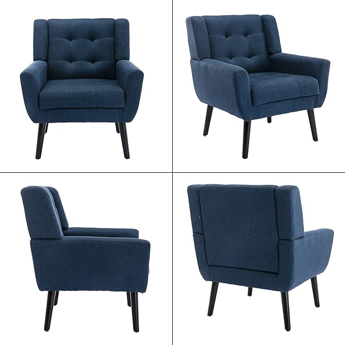 SSLine Linen Accent Arm ChairMid-Century Modern Upholstered Wingback Single Sofa Armchair Club Chair with Solid Wood Legs Thick Cushion for BedroomReadingLiving Room Chair (Blue)