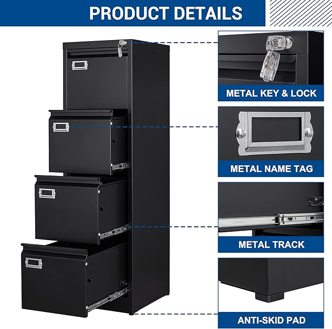 File Cabinet - 4 Drawers Vertical 17.8 Deep Lockable Filing Cabinet Black Metal Storage Cabinets for Home Office to Hanging Files Letter/Legal/F4/A4 Size