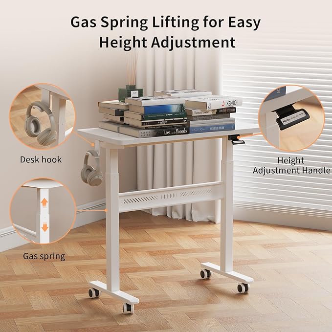 Mobile Standing Desk with Wheels 32 inch Pneumatic Height Adjustable Desk for Walking Pad Small Rolling Computer Workstation Portable Sit Stand Desk for Home Office 28-43 Tall White