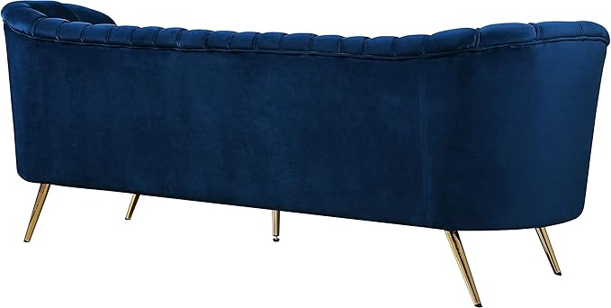 Meridian Furniture Margo Collection Modern | Contemporary Velvet Upholstered Sofa with Deep Channel Tufting and Rich Gold Stainless Steel Legs Navy 88 W x 30 D x 33 H
