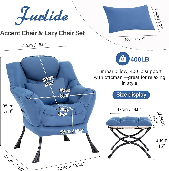 Lazy Chair with Ottoman Modern Lounge Chair with Lumbar Pillow Accent Cozy Reading Armchair and Folding Footstool for Bedroom Dorm Living RoomPeacock Blue