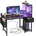 Grandder Gaming Desk 40 Inch with Power Outlet and LED Light Computer Desk with Reversible Shelves and Storage Drawer Pc Small Desk for Home Office Table with Bag Carbon Fiber Black