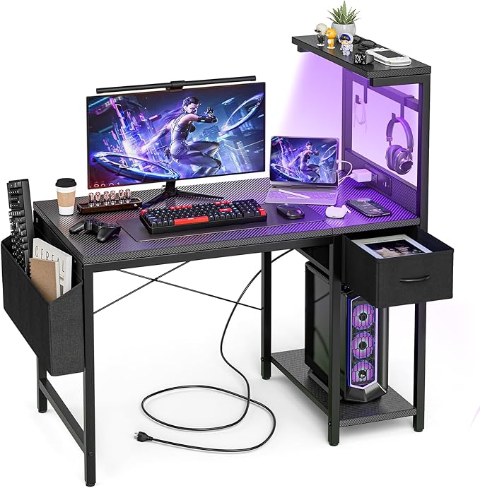 Grandder Gaming Desk 40 Inch with Power Outlet and LED Light Computer Desk with Reversible Shelves and Storage Drawer Pc Small Desk for Home Office Table with Bag Carbon Fiber Black