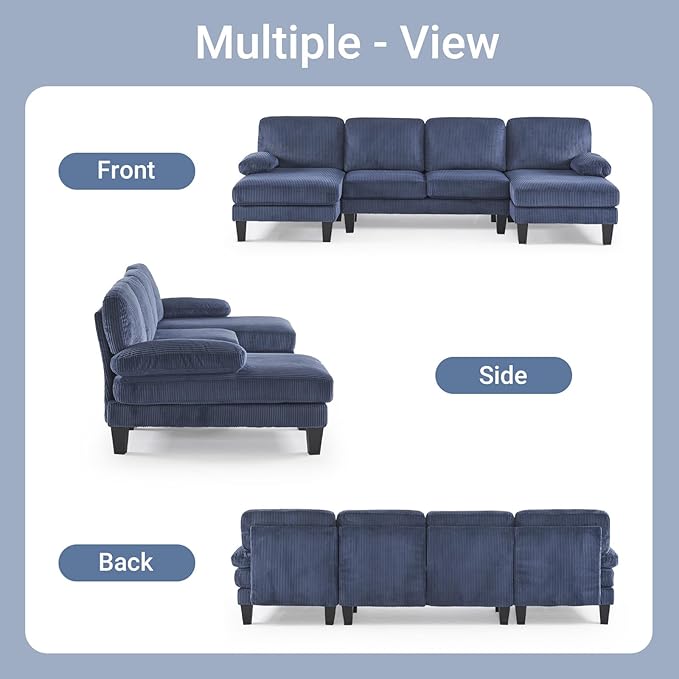 VINGLI 110 Sectional Couches for Living RoomU Shaped Couch with Double Chaise 4-Seat Sofa Set with Corduroy Fabric for Home FurnitureOcean Blue